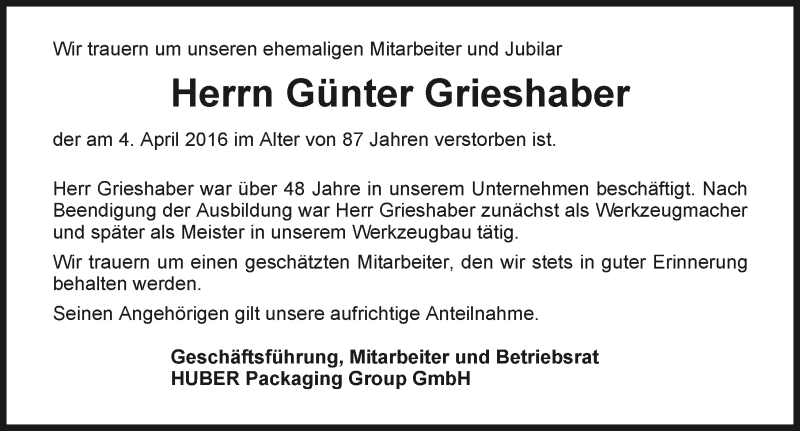  Traueranzeige für Günter Grieshaber vom 08.04.2016 aus 