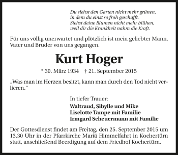 Traueranzeige von Kurt Hoger 