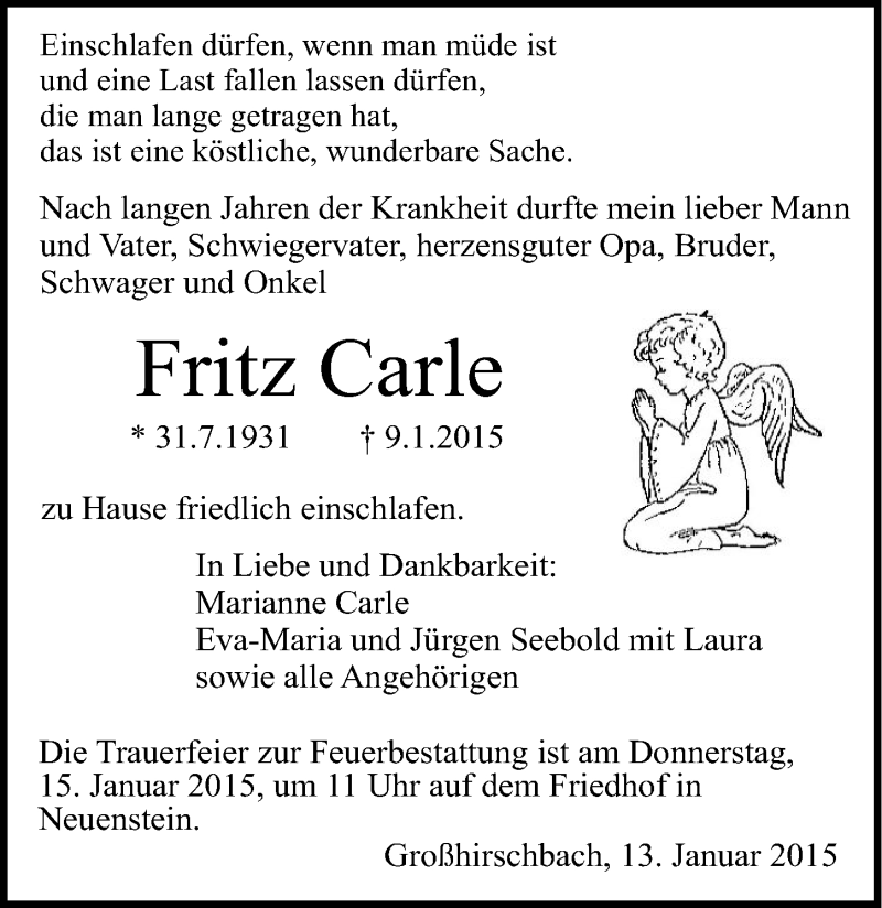  Traueranzeige für Fritz Carle vom 13.01.2015 aus 