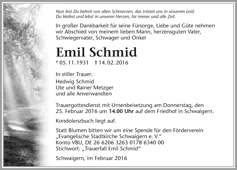  Traueranzeige für Emil Schmid vom 22.02.2016 aus 
