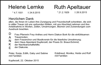 Traueranzeige von Helene Lemke 
