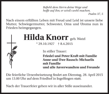 Traueranzeige von Hilda Knorr 