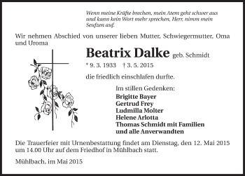 Traueranzeige von Beatrix Dalke 
