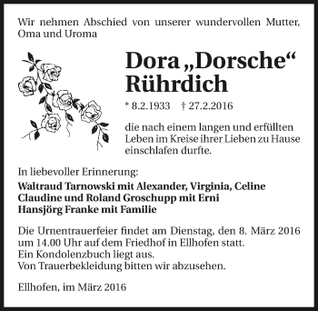 Traueranzeige von Dora Rührdich 