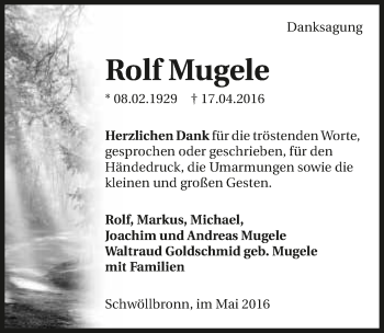 Traueranzeige von Rolf Mugele 
