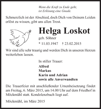 Traueranzeige von Helga Loskot 