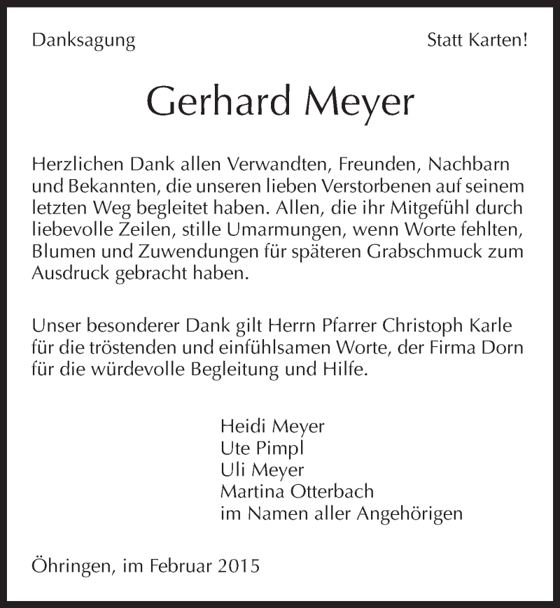 Traueranzeige für Gerhard Meyer vom 07.02.2015 aus 