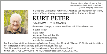 Traueranzeige von Kurt Peter 