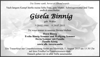 Traueranzeige von Gisela Binnig 