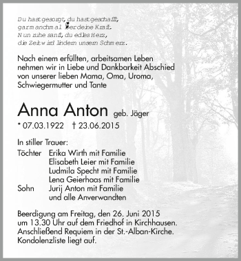 Traueranzeige von Anna Anton 