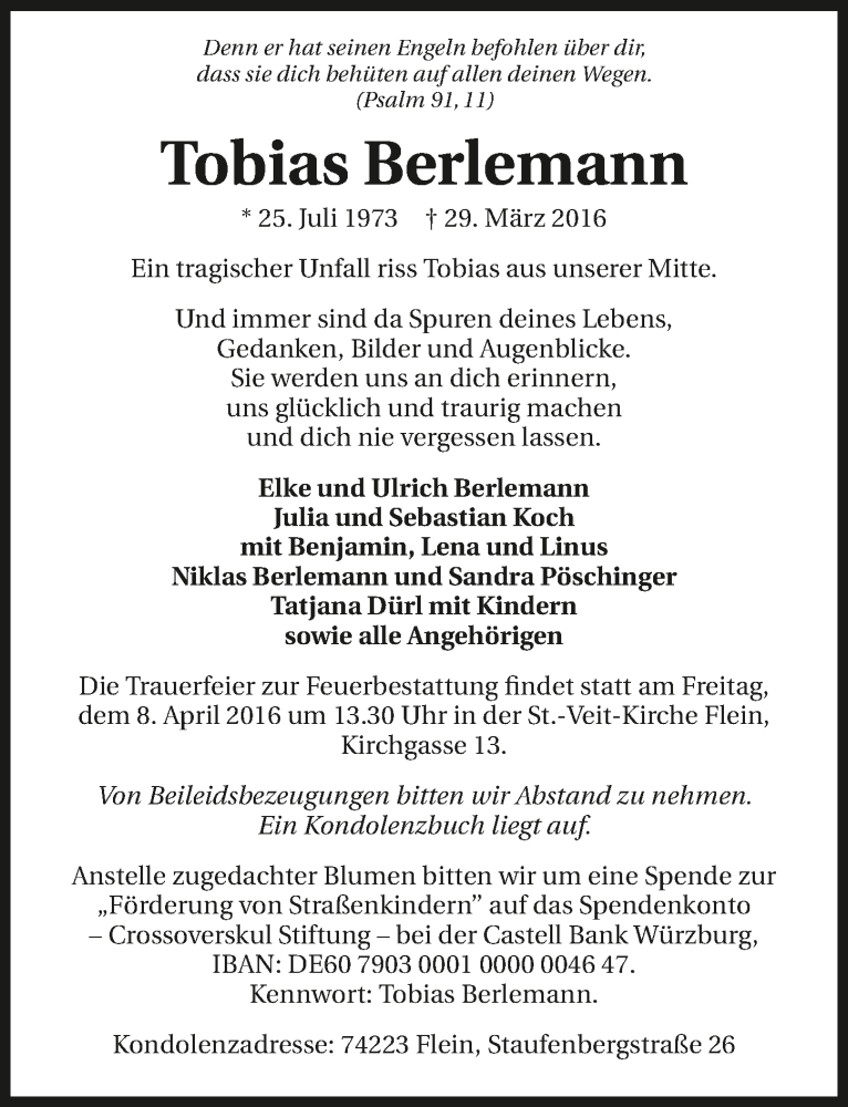  Traueranzeige für Tobias Berlemann vom 02.04.2016 aus 