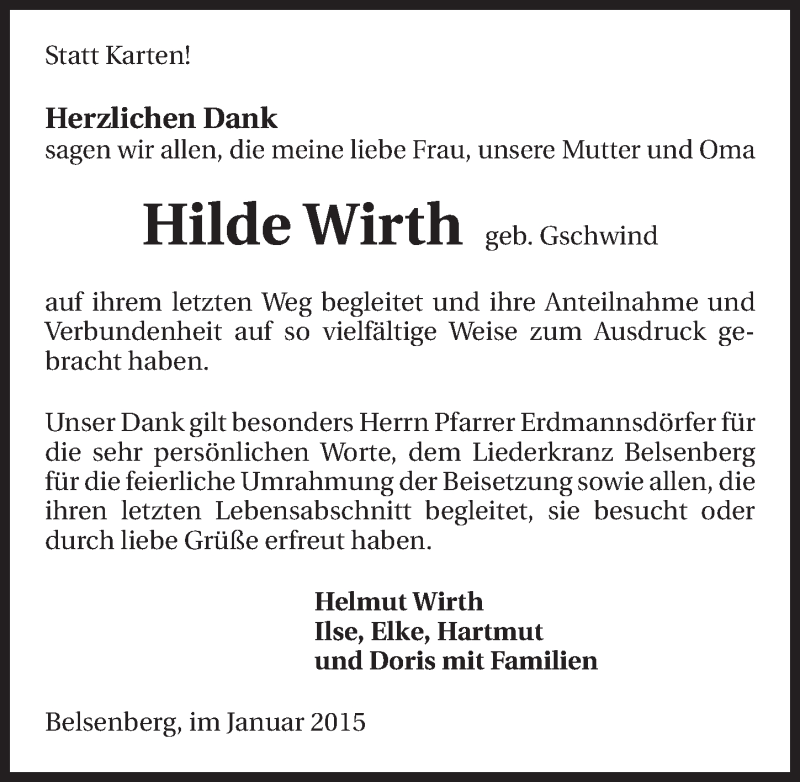  Traueranzeige für Hilde Wirth vom 13.01.2015 aus 