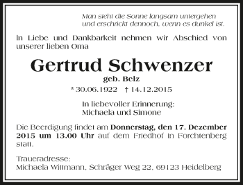 Traueranzeige von Gertrud Schwenzer 