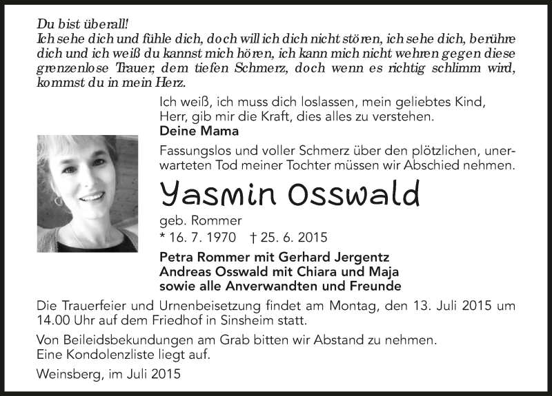  Traueranzeige für Yasmin Osswald vom 08.07.2015 aus 