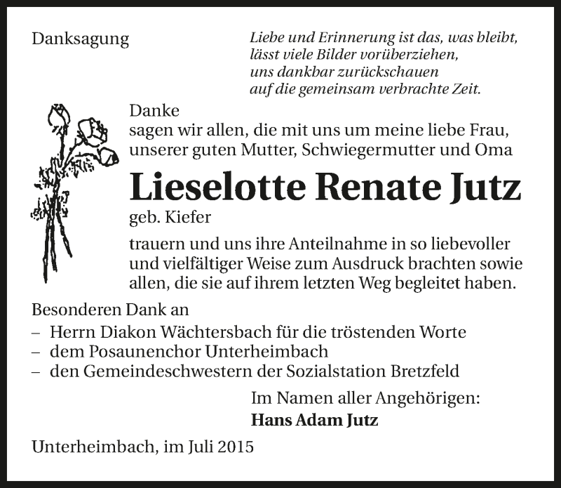  Traueranzeige für Lieselotte Renate Jutz vom 08.07.2015 aus 