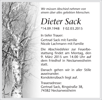 Traueranzeige von Dieter Sack 