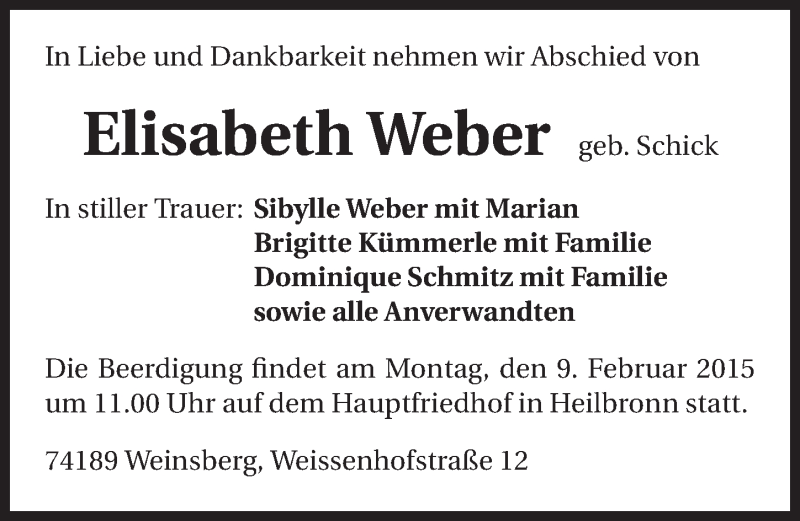  Traueranzeige für Elisabeth Weber vom 04.02.2015 aus 