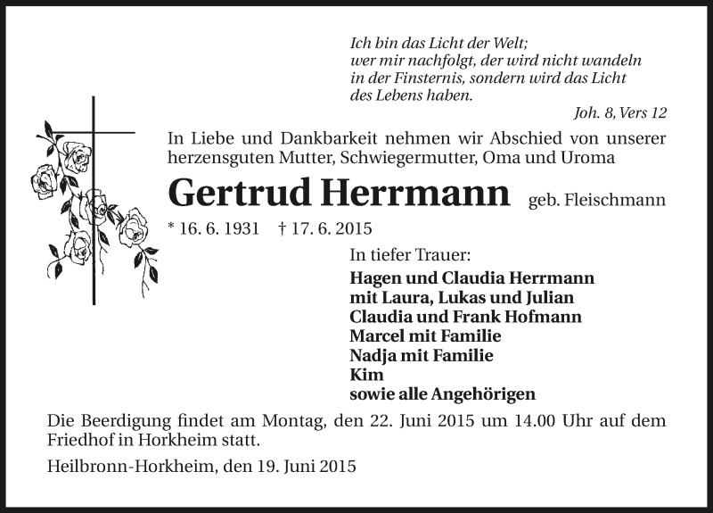  Traueranzeige für Gertrud Herrmann vom 19.06.2015 aus 