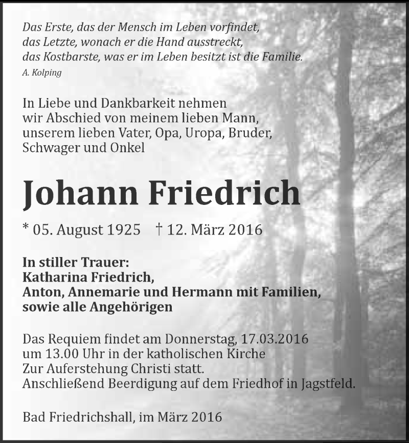  Traueranzeige für Johann Friedrich vom 15.03.2016 aus 