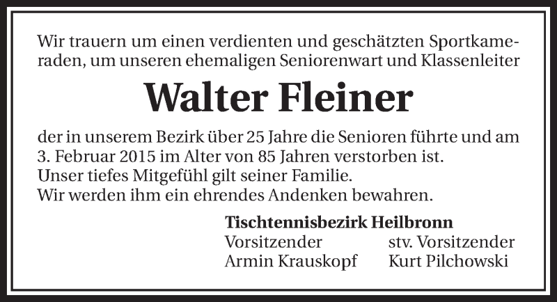  Traueranzeige für Walter Fleiner vom 09.02.2015 aus 