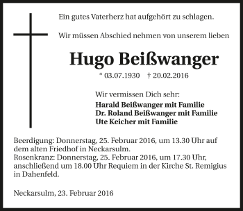 Traueranzeige von Hugo Beißwanger 