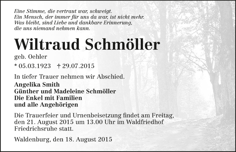  Traueranzeige für Wiltraud Schmöller vom 18.08.2015 aus 
