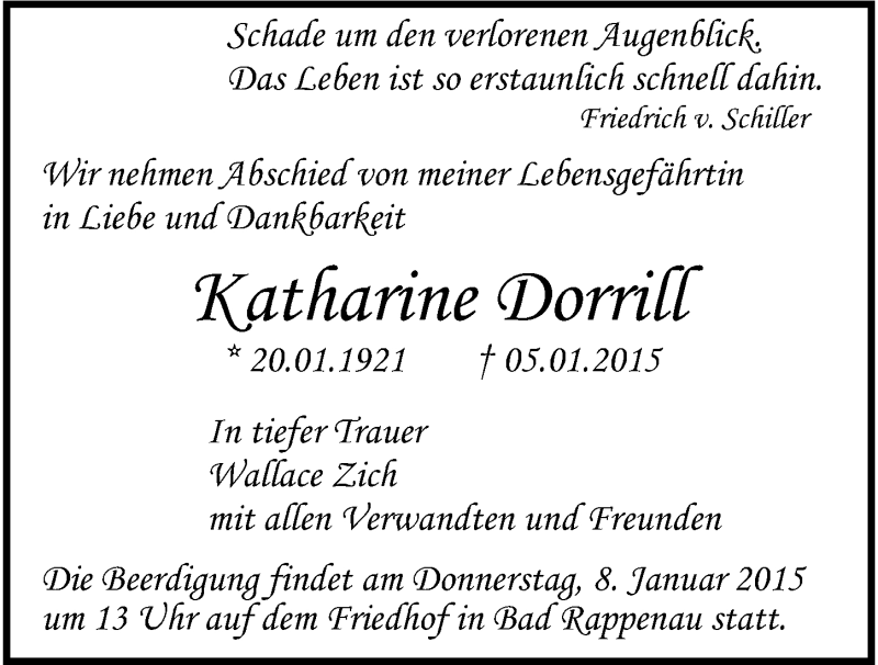  Traueranzeige für Katharine Dorrill vom 07.01.2015 aus 