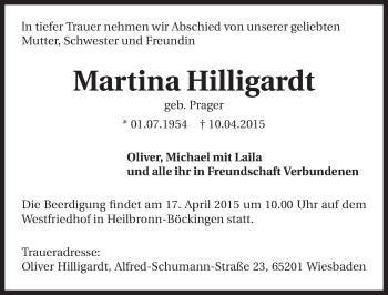 Traueranzeige von Martina Hilligardt 
