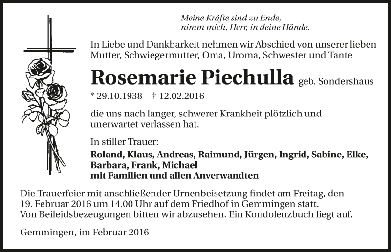  Traueranzeige für Rosmarie Piechulla vom 17.02.2016 aus 
