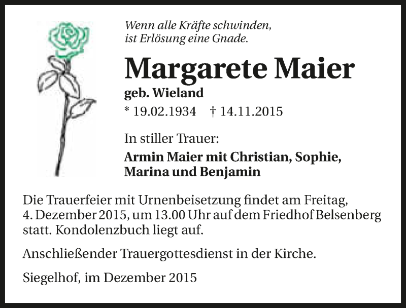  Traueranzeige für Margarete Maier vom 02.12.2015 aus 