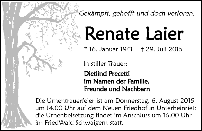  Traueranzeige für Renate Laier vom 01.08.2015 aus 