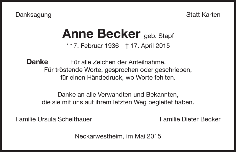  Traueranzeige für Anne Becker vom 09.05.2015 aus 