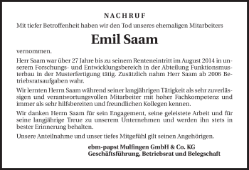 Traueranzeige von Emil Saam 