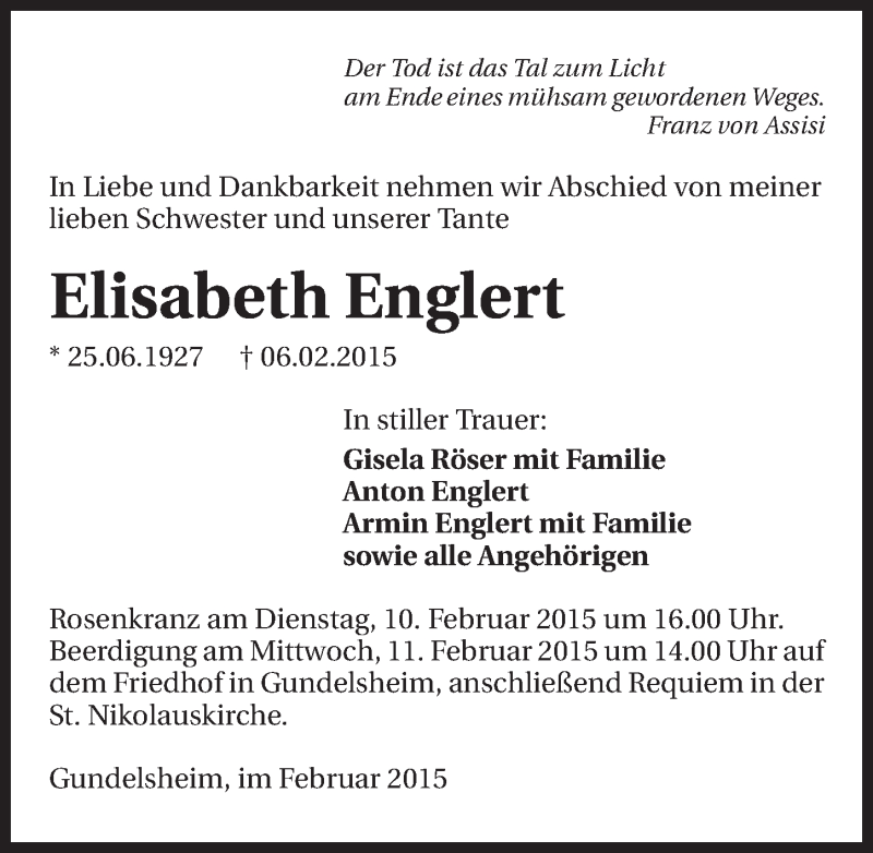  Traueranzeige für Elisabeth Englert vom 09.02.2015 aus 