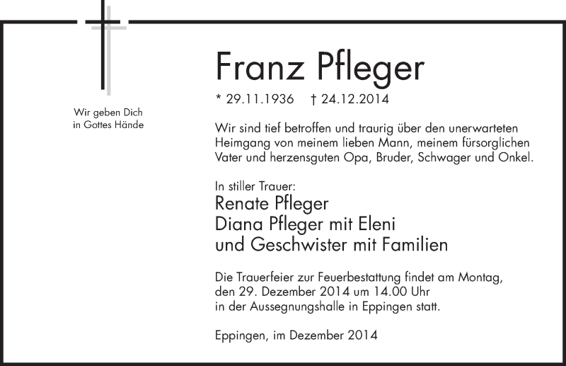  Traueranzeige für Franz Pfleger vom 27.12.2014 aus 