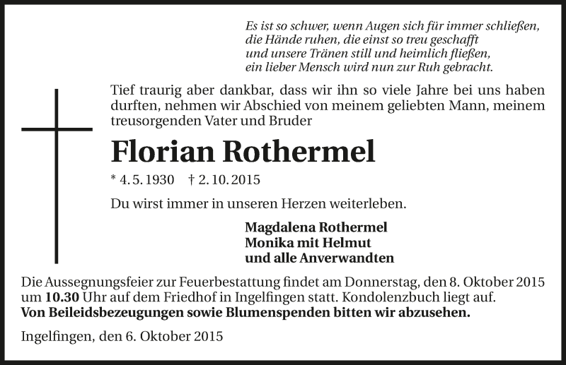  Traueranzeige für Florian Rothermel vom 06.10.2015 aus 