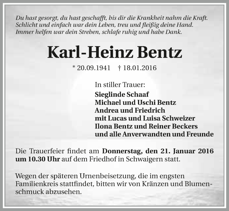  Traueranzeige für Karl-Heinz Bentz vom 20.01.2016 aus 