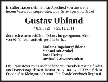 Traueranzeige von Gustav Uhland 