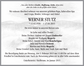 Traueranzeige von Werner Stutz 