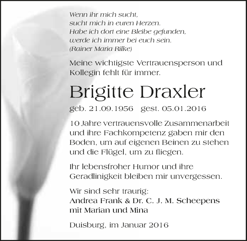 Traueranzeige für Brigitte Draxler vom 19.01.2016 aus 