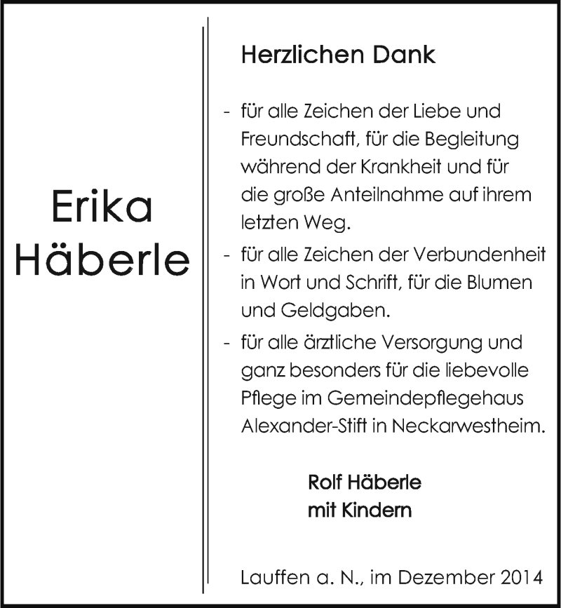  Traueranzeige für Erika Häberle vom 20.12.2014 aus 