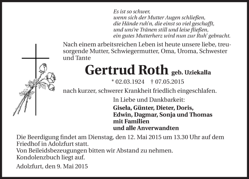  Traueranzeige für Gertrud Roth vom 09.05.2015 aus 