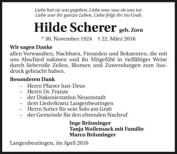 Traueranzeige von Hilde Scherer 