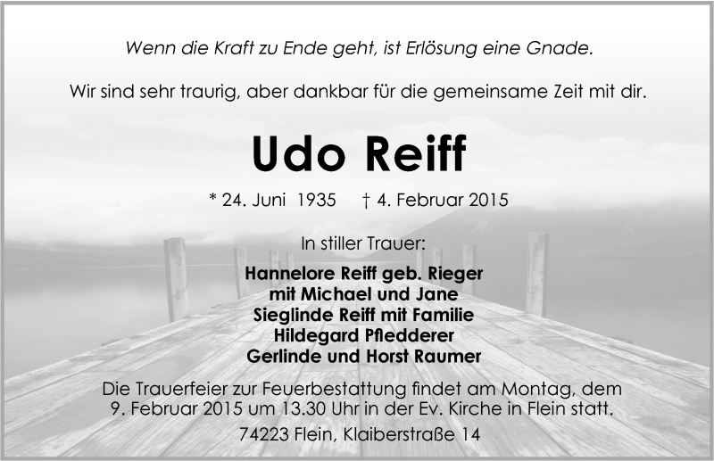  Traueranzeige für Udo Reiff vom 06.02.2015 aus 