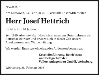 Traueranzeige von Josef Hettrich 