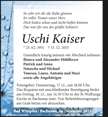 Traueranzeige von Uschi Kaiser 