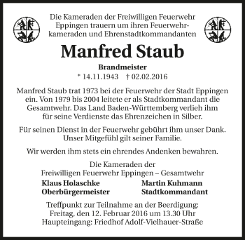 Traueranzeige von Manfred Staub 