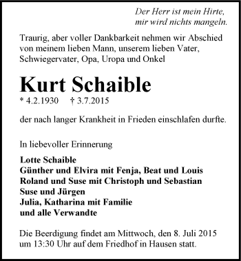 Traueranzeige von Kurt Schaible 