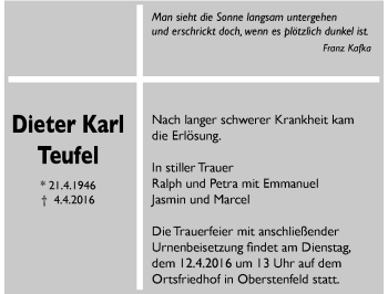 Traueranzeige von Dieter Karl Teufel 