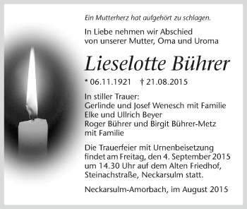 Traueranzeige von Lieselotte Bührer 